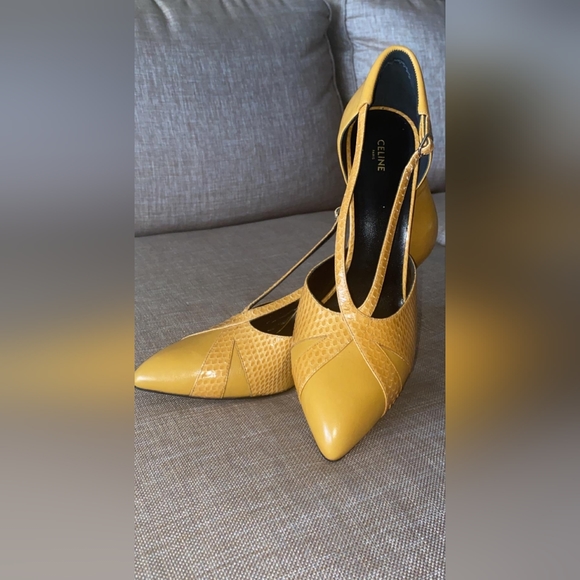 Celine yellow (Mustard) pumps embossed Leather with snakeskin trim, Sz 11.5, NWT - Picture 8 of 8